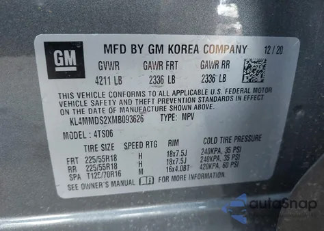 2021 Buick Encore Gx Fwd Select из США, поврежденный, VIN KL4MMDS2XMB093626